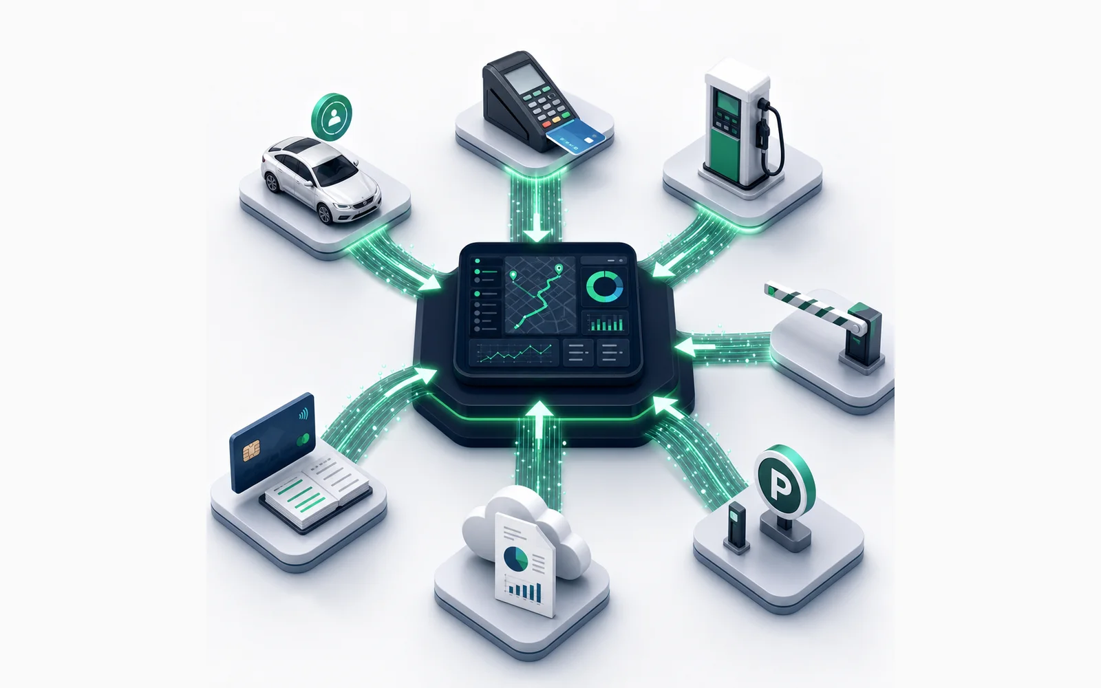 Illustration of ride-hailing, payment, fuel, toll, parking and expense systems automatically sending configured data into LeadingRoute