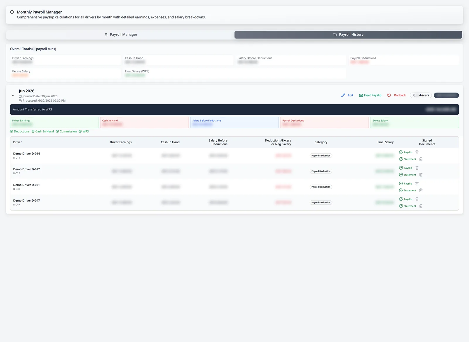 LeadingRoute monthly payroll history with an expanded fictional June 2026 bulk payroll run, signed document checks and blurred financial values