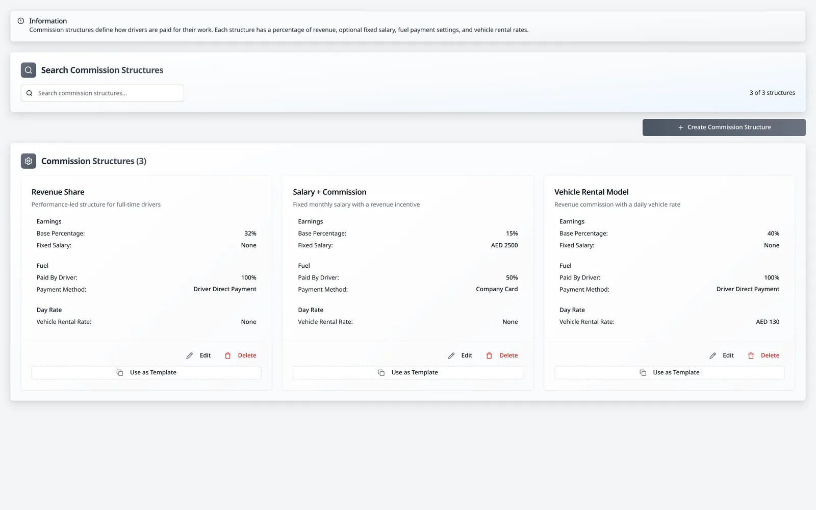 LeadingRoute commission structures with customizable salary, revenue share, fuel and vehicle rental settings