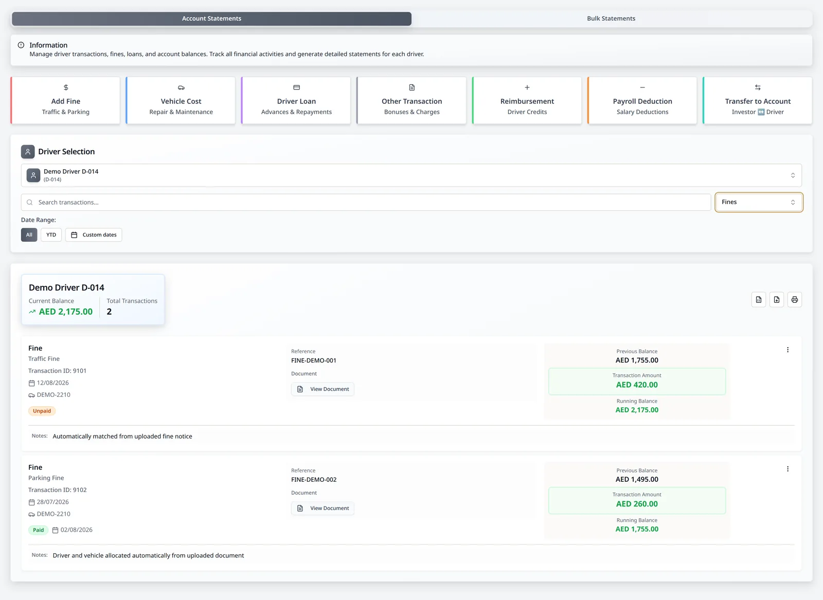 LeadingRoute driver account management filtered to fines with document-backed transactions and account actions