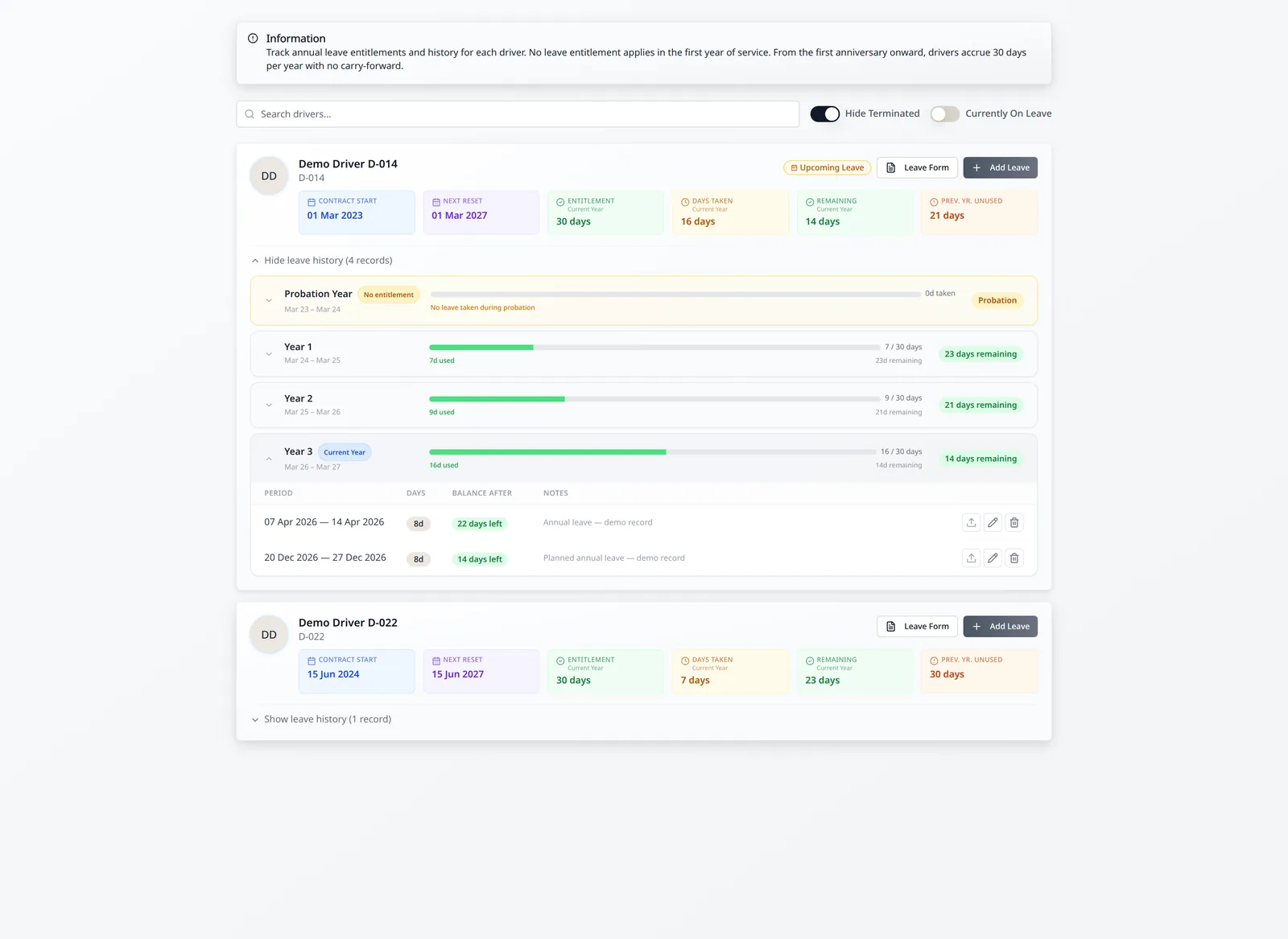 LeadingRoute driver leave management with entitlement tracking and expanded leave history