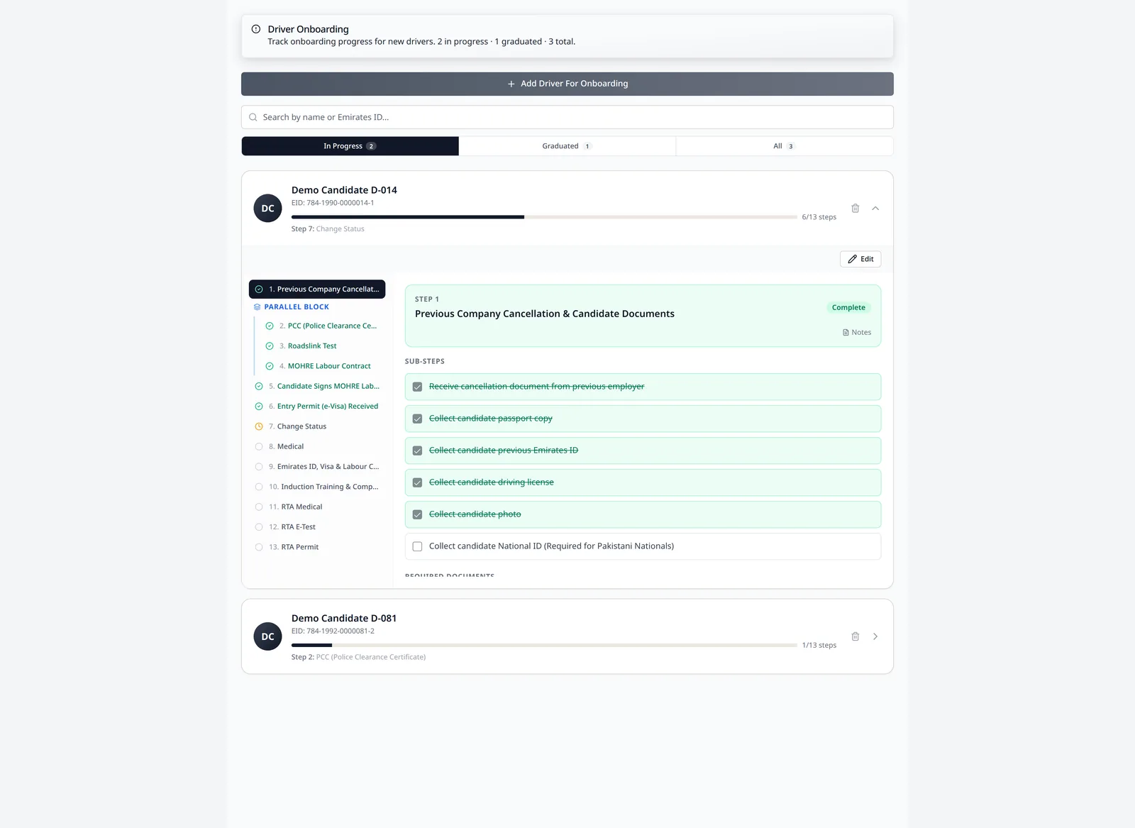 LeadingRoute driver onboarding board with status headers and an expanded 13-step onboarding workflow