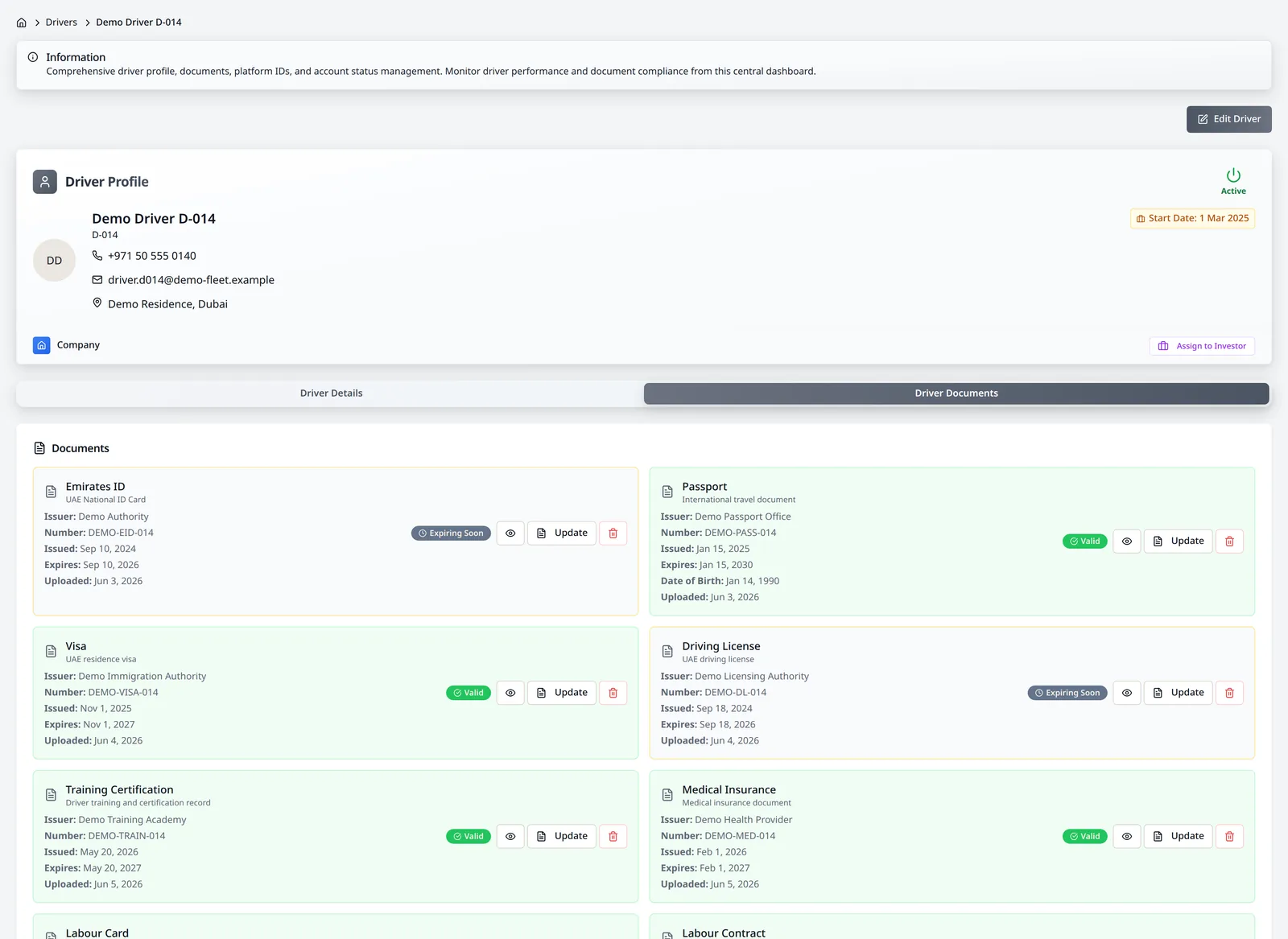 LeadingRoute individual driver record with document status, expiry reminders and training certification
