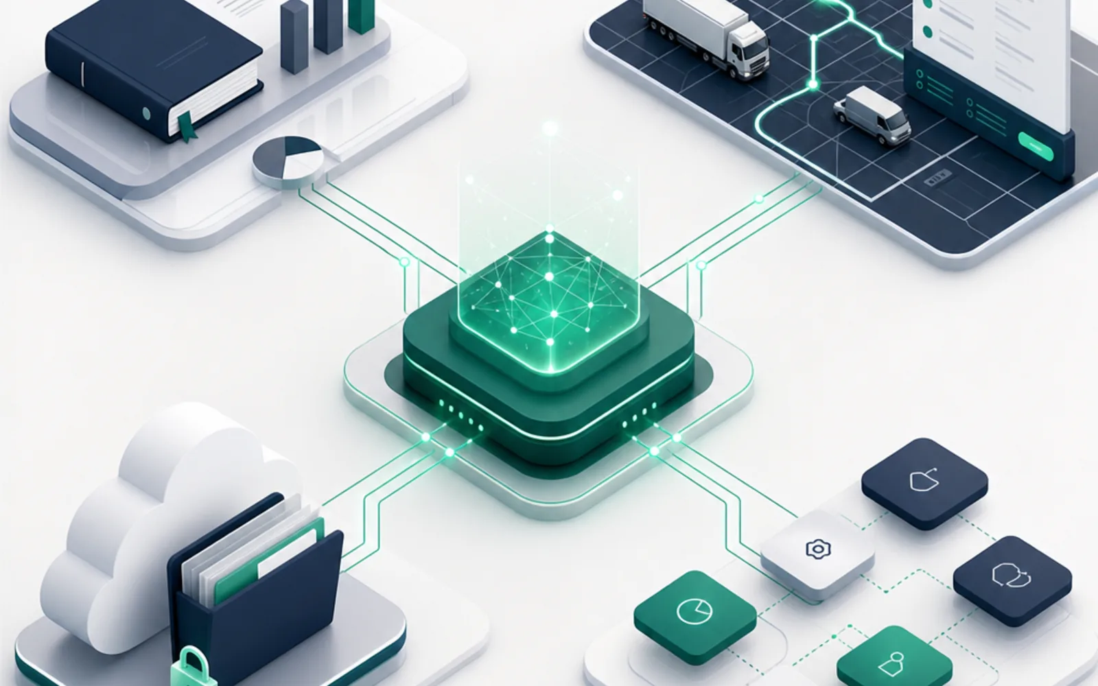 Illustration of LeadingRoute connecting with accounting systems, dispatch software, cloud storage and other external platforms