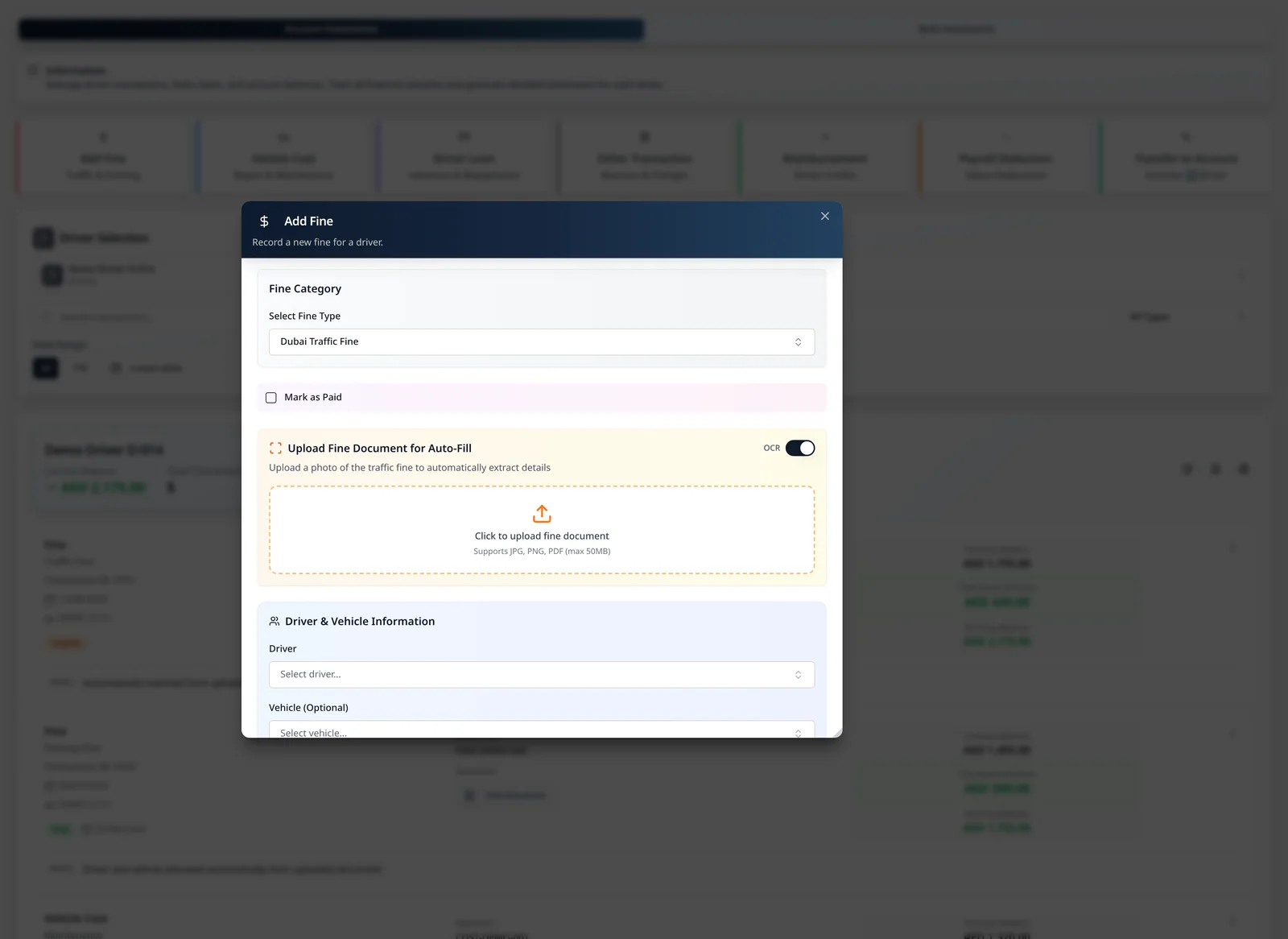 LeadingRoute Add Fine dialog with a Dubai traffic fine selected, OCR enabled and the fine-document auto-fill upload area visible
