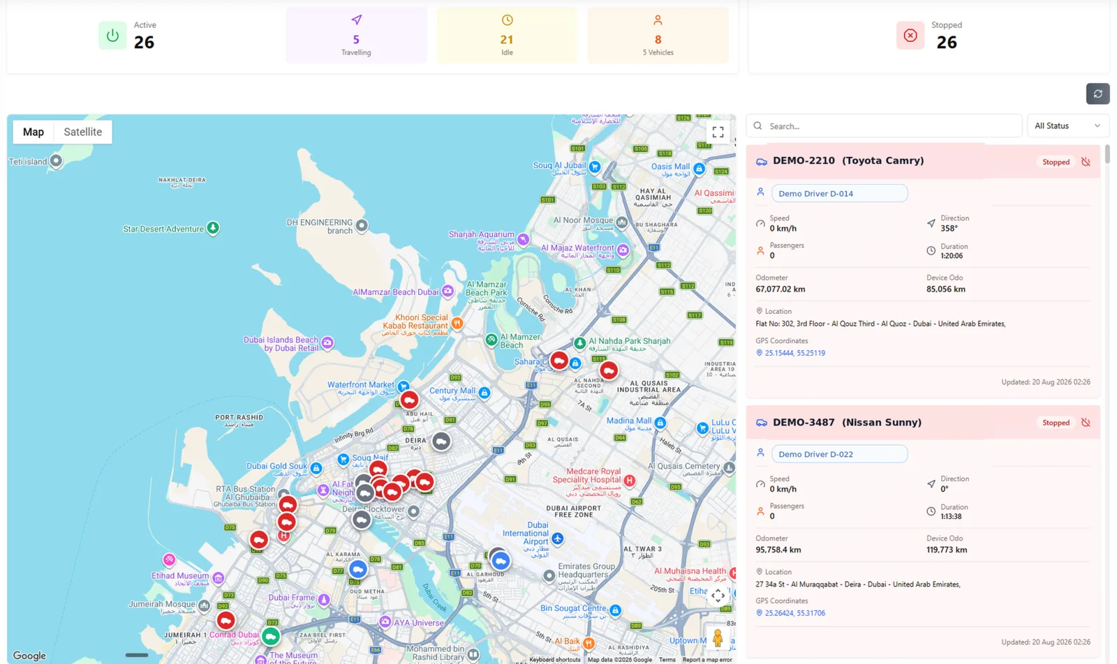 LeadingRoute live fleet tracking with vehicle locations, assigned drivers, passenger counts, speed, direction and status