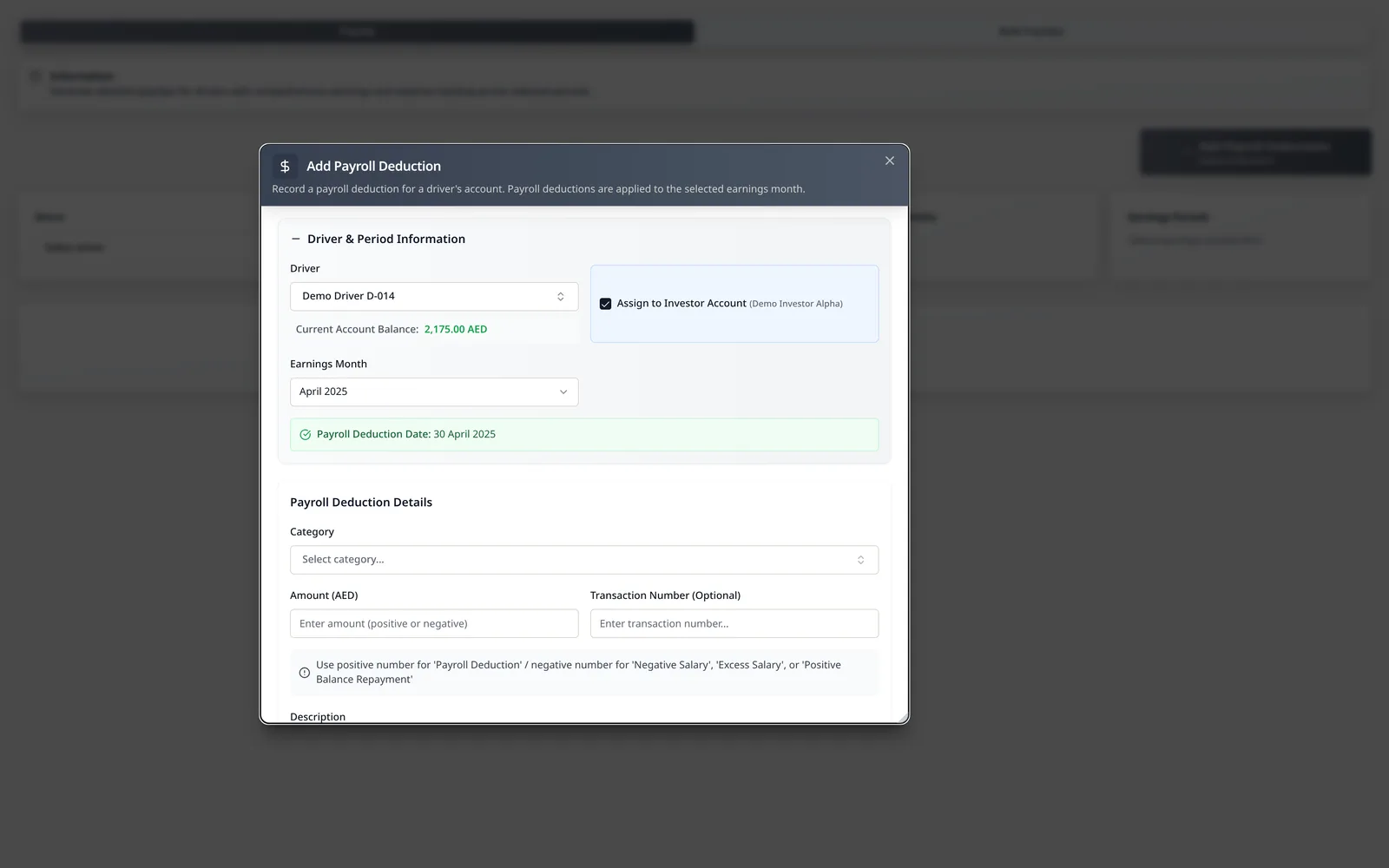 LeadingRoute Add Payroll Deduction dialog shown over the payroll page with a fictional driver and earnings month