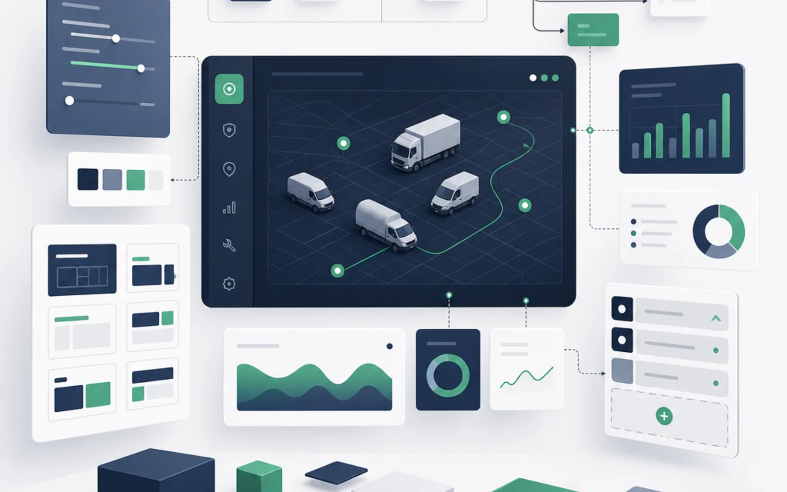 Illustration of configurable fleet software workflows, dashboards, modules and business rules