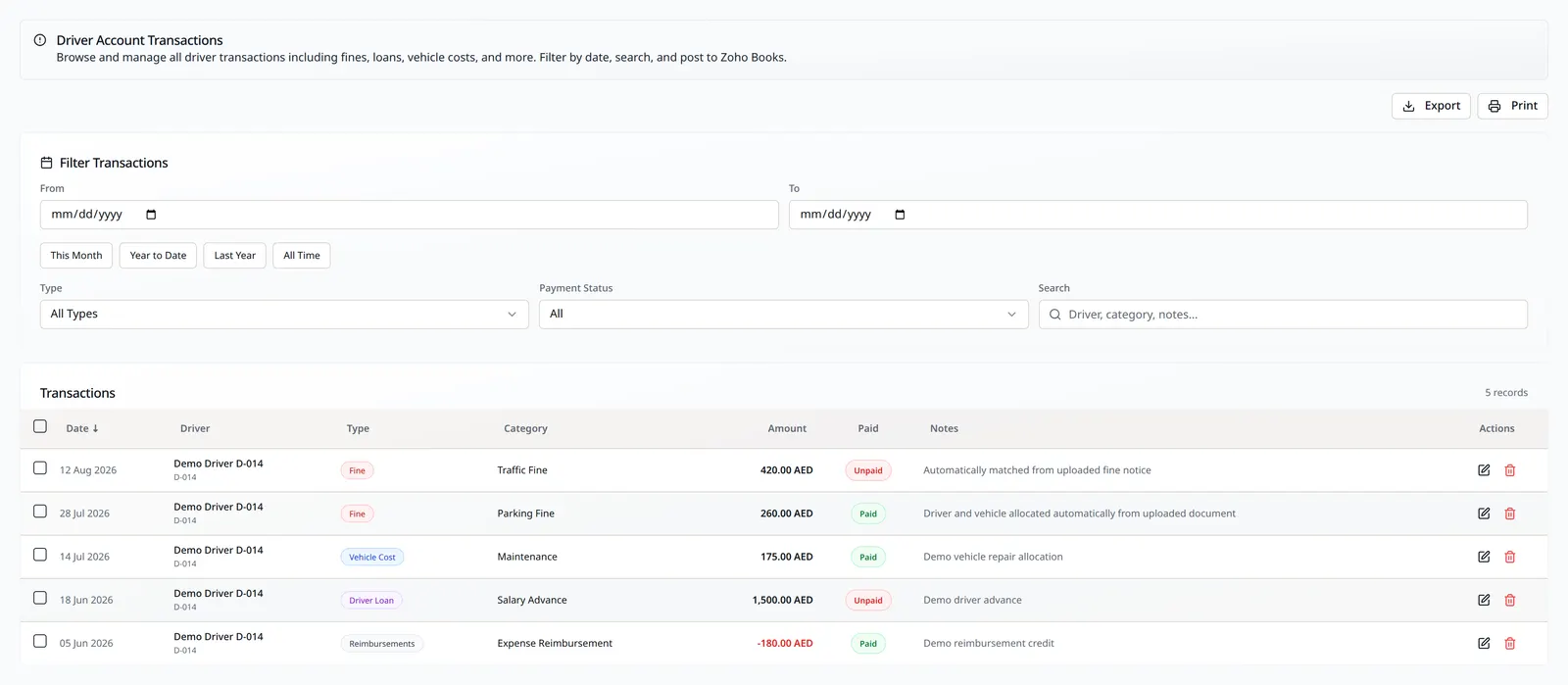LeadingRoute transaction screen with driver and vehicle cost records