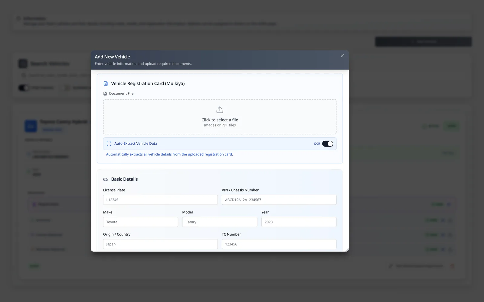 LeadingRoute Add New Vehicle dialog with registration document upload and automatic data extraction