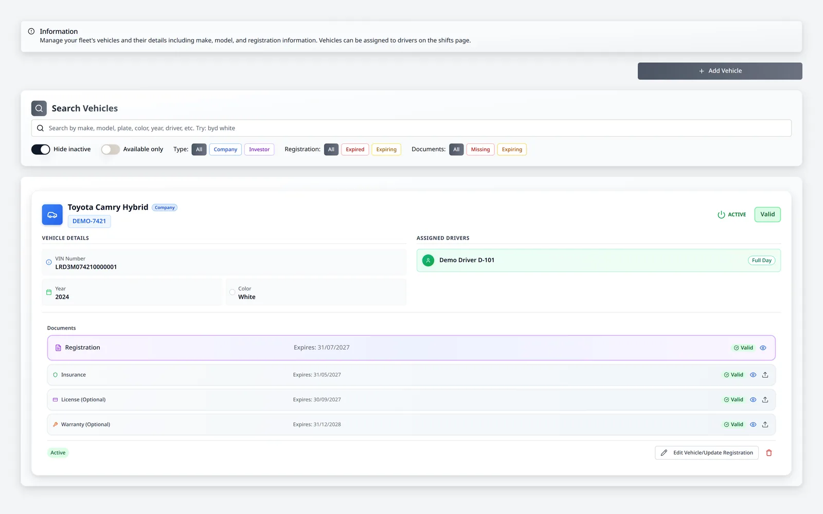 LeadingRoute vehicle record with plate, ownership and assignment information