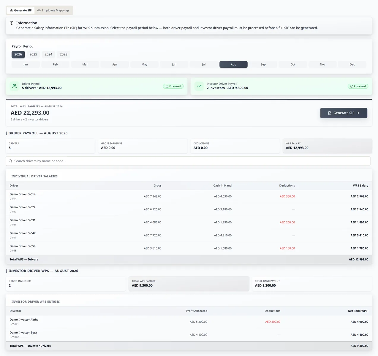 LeadingRoute WPS and SIF generation screen with salaries and file preview